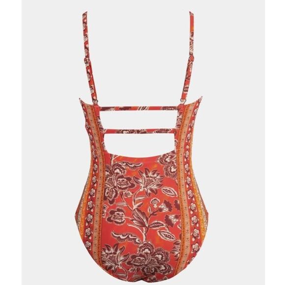 Cupshe Women’s One-Piece Swimsuit L Red Paisley Floral Square Neck Cutout Retro - Picture 4 of 8